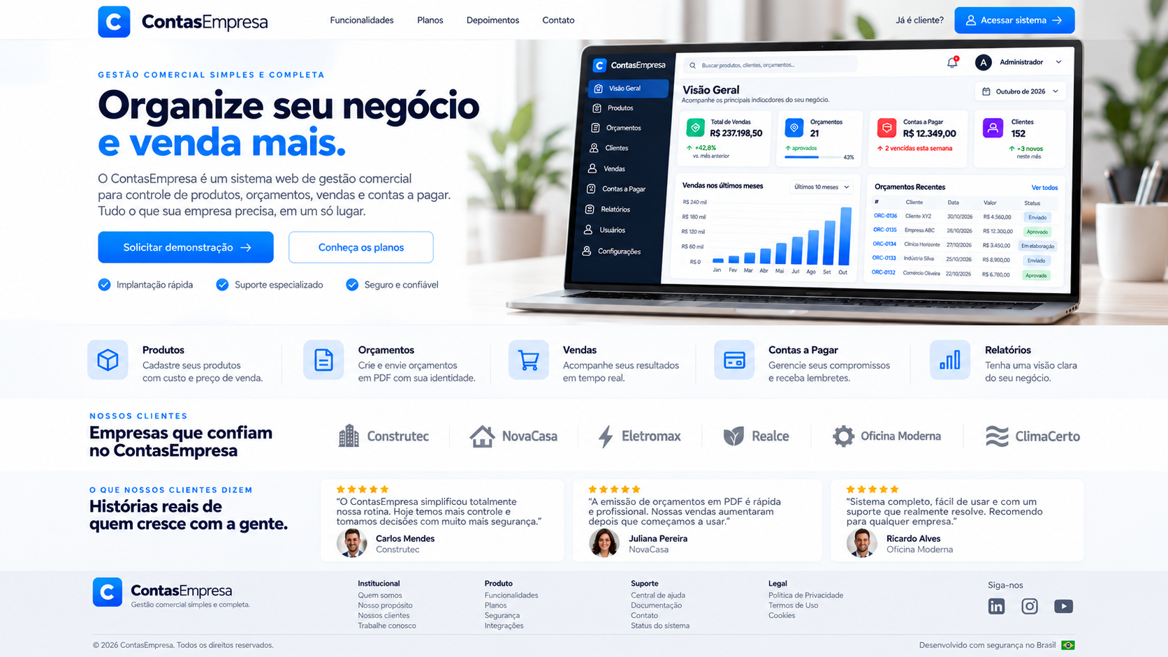 ContasEmpresa em um notebook: painel ilustrativo de vendas, orçamentos, despesas e clientes.